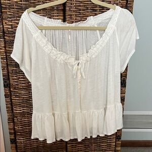 Free People Cream Ruffle Short Sleeve Top